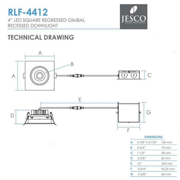 Jesco Downlight LED 4 Square Regressed Gimbal Recessed 12W 5CCT 90CRI BK RLF-4412-SW5-BK - main